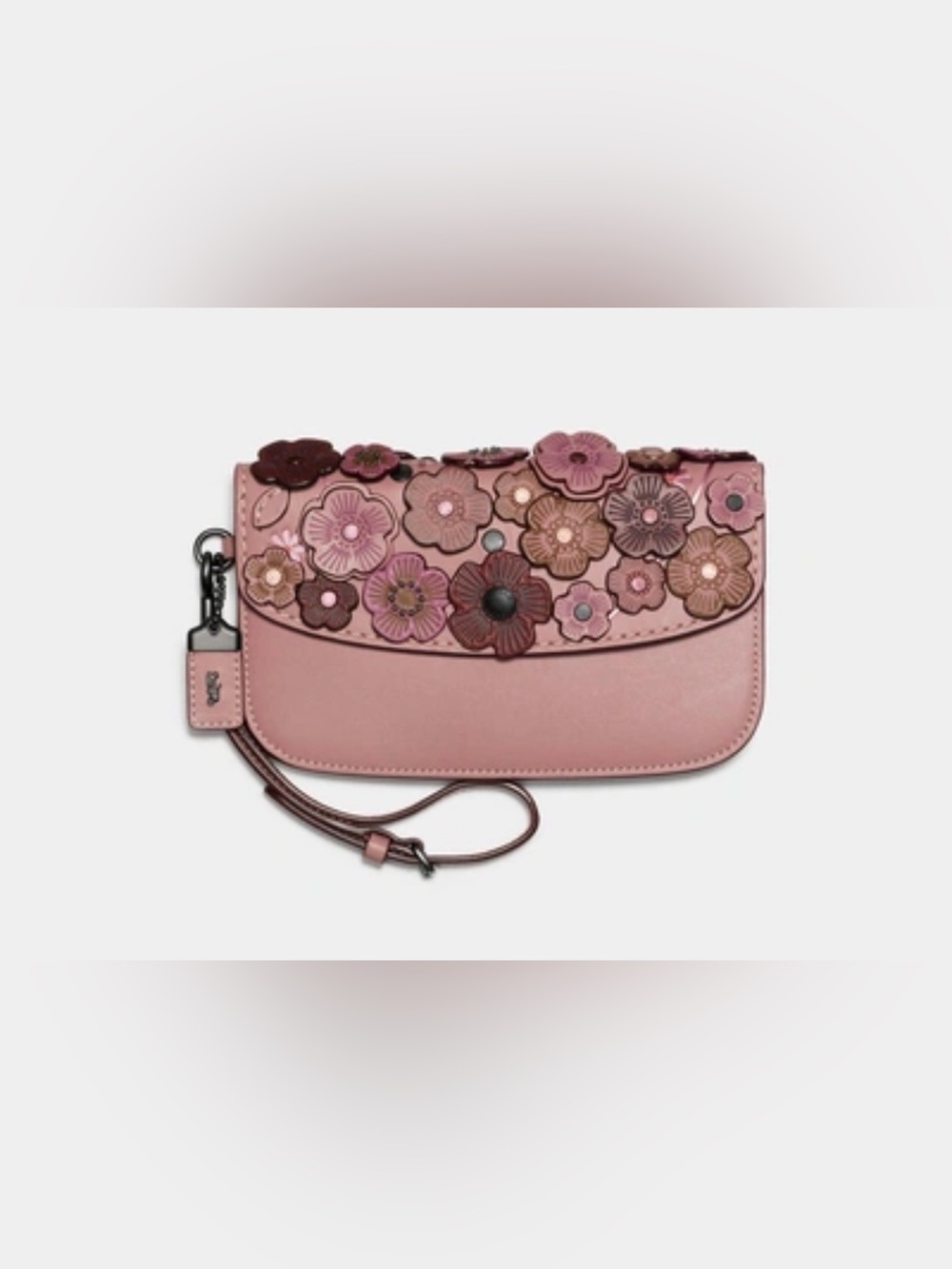 Coach Pink Floral Leather Wristlet with Multi-Tone Appliqués